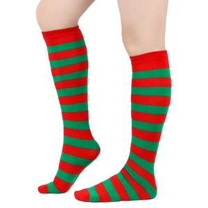 Detailed view of Christmas themed red and green striped knee high socks with knit texture