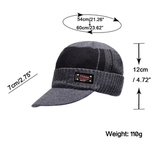 Men's winter knit beanie with brim, bicolor fleece lining and dimension measurements