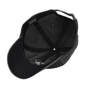 Internal view of black washed cotton baseball cap with adjustable metal buckle and stitching