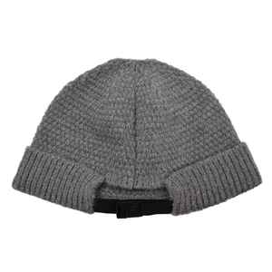Grey knitted docker cap with adjustable back buckle strap and textured thick knit