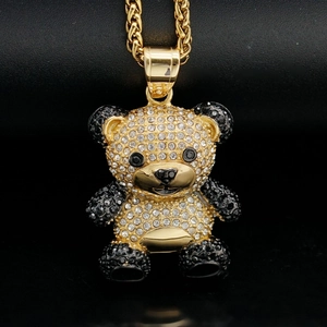Hip hop style gold panda pendant necklace with sparkling clear and black rhinestones
