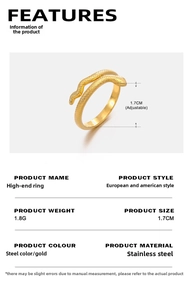 Macro detail of 18K gold plated snake ring with scale texture and adjustable sizing