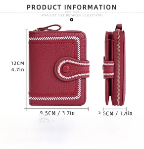 Detailed size chart and specifications for the red PU leather women's short wallet with clasp
