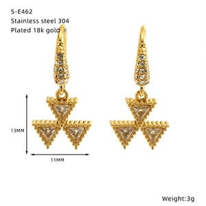 Detail view of 18k gold plated stainless steel clover earrings with cubic zirconia stones