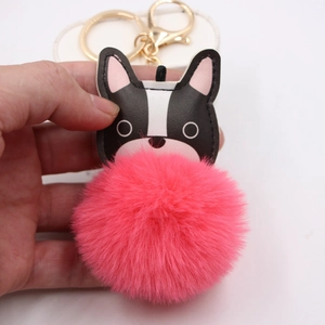Bulldog faux leather charm with large pink fluffy pompom and gold keychain ring