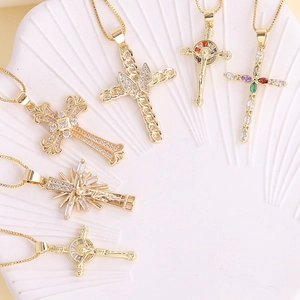 18K gold plated copper cross pendants with colorful cubic zirconia stones hip hop jewelry