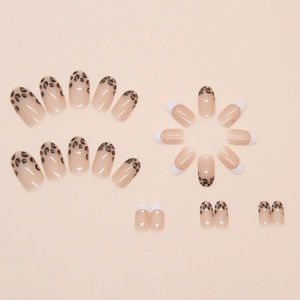 24pcs French tip press-on nails with leopard print and white oval design set