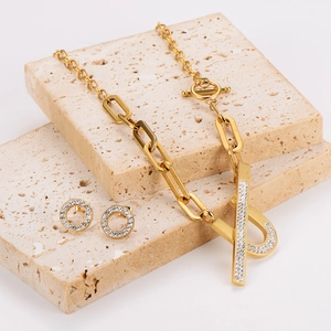 Trendy 304 Stainless Steel Jewelry Necklace And Earrings Rhinestone U-Shape Pendant T-Bar Toggle Clasp Gold Plated