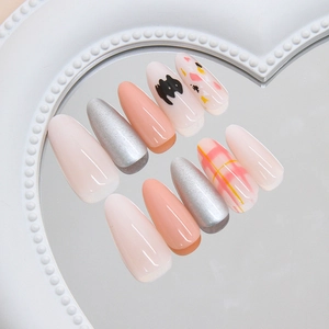 Cute pink plaid graffiti press-on nails set with black cat patterns and glitter accents