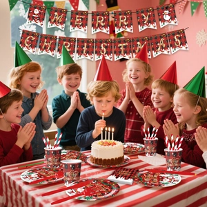 Red buffalo plaid Christmas party tableware set with plates, cups and banners for kids