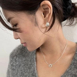 Minimalist 925 sterling silver geometric layered hoop earrings and snake chain necklace set