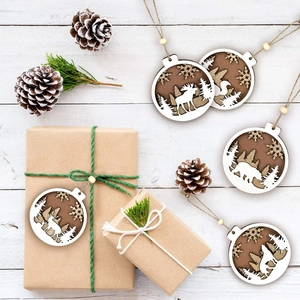 Detailed view of wooden Christmas animal ornaments with forest carvings and jute rope