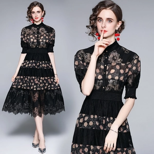 Women Elegant Black Lace Midi Dress Stand Collar Polka Dot Floral Print High Waist Tiered Hem Long Sleeve Vintage Style
