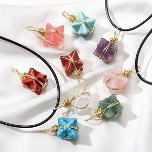 Merkaba Pendant Necklace Natural Crystal Gemstone Gold Wire Wrapped Handmade Spiritual Healing Jewelry
