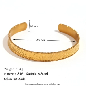 Hammered texture 18K gold plated stainless steel open bangle bracelet for women
