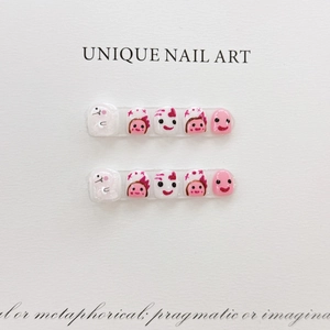 Children Press On Nails Hand Painted Cartoon Character Style Waterproof Resin Pink White Sweet Nail Art