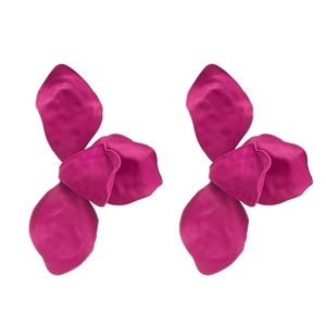 Fuchsia pink wrinkled flower petal stud earrings with matte finish on white background