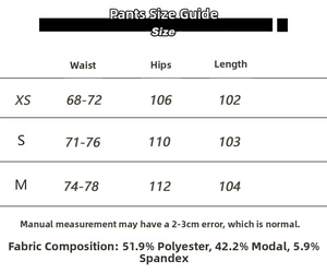 Size chart for wide leg sweatpants showing waist, hips, and material composition