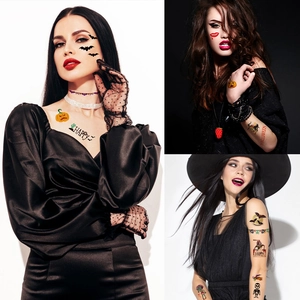 Halloween temporary tattoo set featuring pumpkin, bat and skull designs for face and body