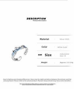Vista detallada del anillo de plata S925 con textura de esmalte azul y dimensiones