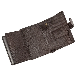 Detail view of genuine leather wallet interior with multiple card slots and snap pocket