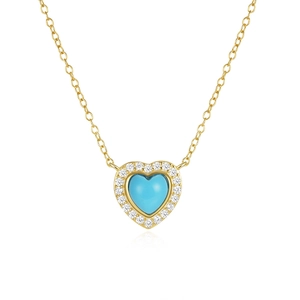 925 silver gold heart necklace with turquoise stone and sparkling crystals on white background
