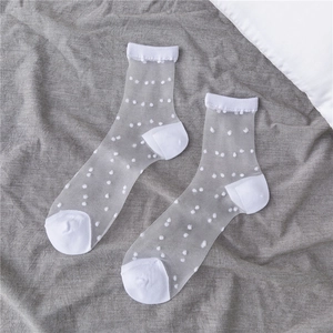 Detail of white sheer mesh socks with 3D polka dots and reinforced knit heel and toe