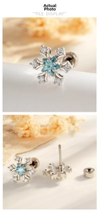 Detail of snowflake ear stud with blue star zircon and screw back closure
