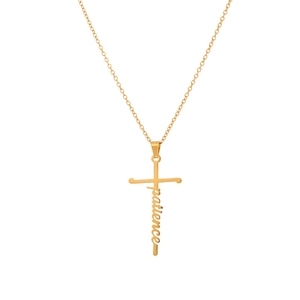 Gold stainless steel cross necklace featuring a patience script pendant for women