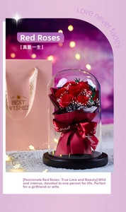 Close-up of preserved red roses in glass dome with LED lights and a pink gift bag