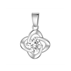Detailed close-up of a silver four-leaf clover pendant with sparkling zircon stone