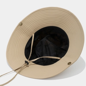 Khaki outdoor sun hat with breathable black mesh lining and adjustable chin strap