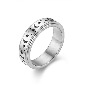Titanium spinner ring with moon and star relief, rotating anti-stress jewelry for anxiety