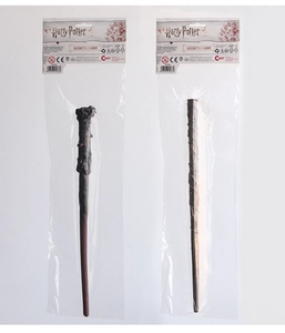 Close-up of Harry Potter magic wand toys in retail packaging with clear brand logo