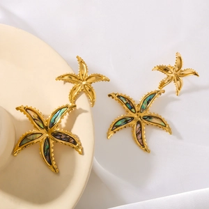 Gold double starfish earrings with abalone shell inlay and polished finish for women