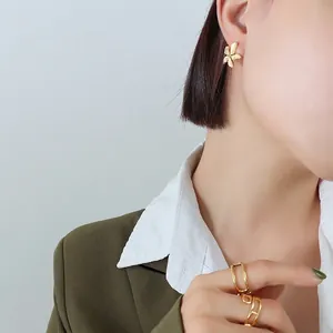French vintage 18k gold plated petal embossed earrings and double layer geometric ring