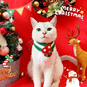 Green and white knitted Christmas pet scarf with tree charm for small dogs and cats