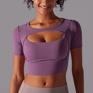 Close-up of a purple lilac sports top featuring a chest cutout and mesh stitching detail