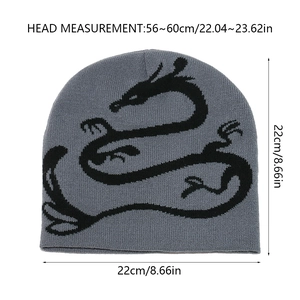 Detailed size specifications for gray knit beanie featuring black dragon pattern embroidery