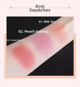 Arm swatches of natural matte blush in Apricot Pink, Dusty Rose, and Brick Red shades