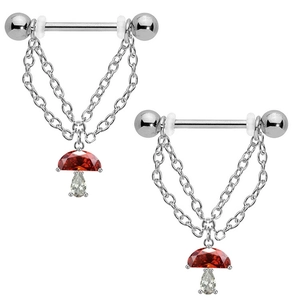 Detail of stainless steel nipple rings with double chains and jeweled mushroom charms