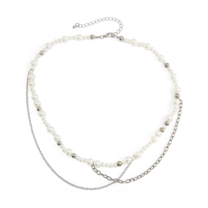Men's hip hop pearl necklace with layered silver tassel chains on white background