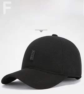 Close-up of winter men's thermal baseball cap with ear protection and sports tag