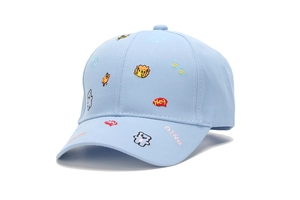 Detail of light blue cotton kids baseball cap with colorful cartoon animal embroidery