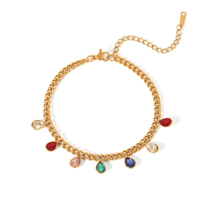 Detailed top view of gold Cuban chain bracelet with colorful teardrop zircon pendants