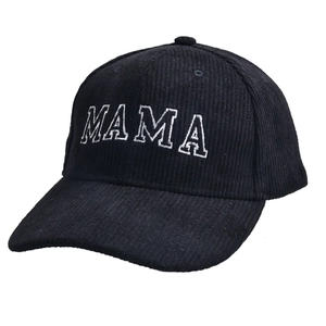 Macro view of MAMA embroidery on black corduroy baseball cap showing fabric texture