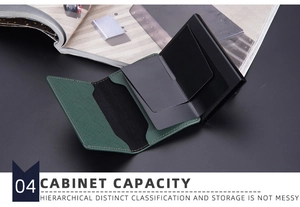 Detail view of dark green RFID blocking card holder with internal black metal card slot
