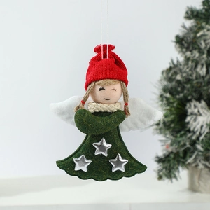 Detail of Christmas angel ornament with red knit hat, green felt dress and silver stars
