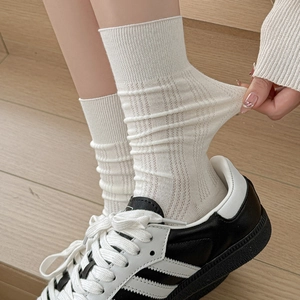 Women Mid-Calf Slouch Socks Cotton Pointelle Knit Ribbed Solid Color Breathable Thin Soft Casual Daily Hosiery