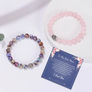 Set de bracelets en pierre de lune zèbre rose avec carte cadeau Best Mom pour maman